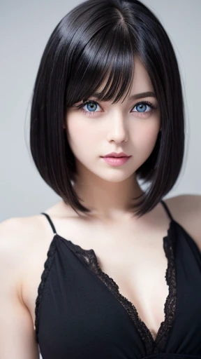 ((masterpiece))) whole body, (One Girl) ((Black Hair,Straight hair, Short Bob))), blue eyes, Beautiful Eyes, 18-year-old girl.AKB