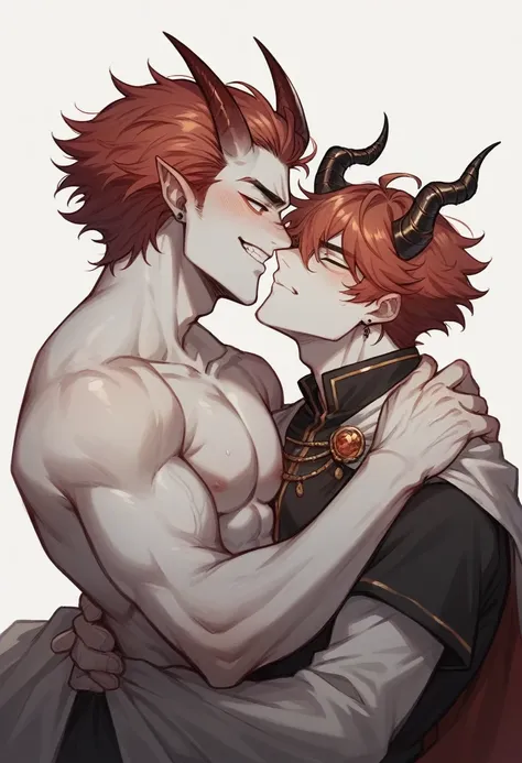 Okarun from the anime/Dandadan manga hugging a horned man, with white skin and reddish hair