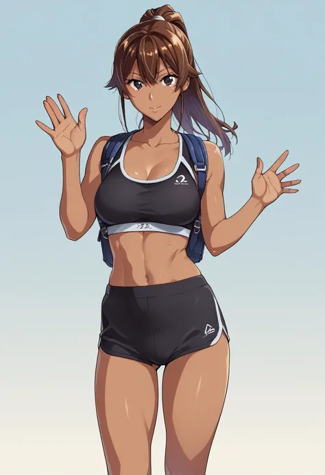 human, ((1girls)), 18 years old, beautiful, ponytail, brown hair, black eyes, Black Yoga sports bra very short, Z cup breasts, ((brown skin)), fair body, 1m78, deserted, ((Takeda Hiromitsu style)), holding a small backpack, waving hello, 