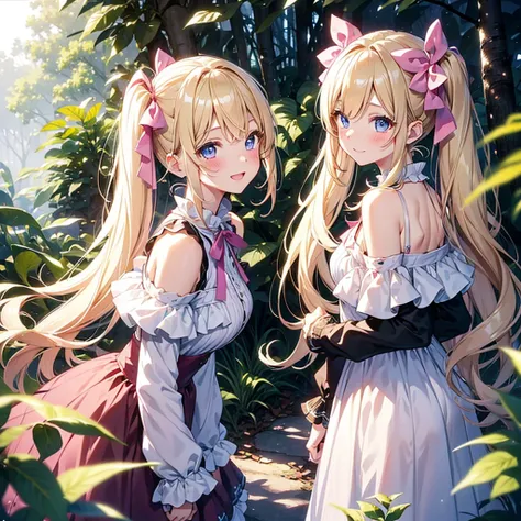 finely detailed beautiful girl, detailed 16k best quality, shiny hair, ultra-detailed beautiful shiny highlight clear eyes focus, Blushing、Blonde、Twin tails、Blue Eyes、laughing、Walking in the forest、Pink ribbon、