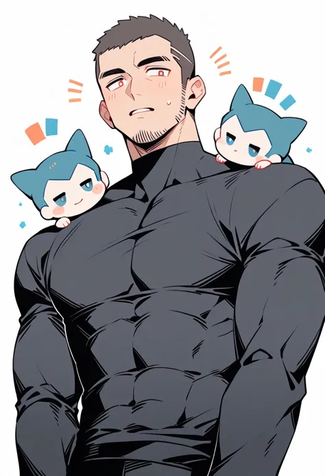 anime characters：Priapus, Muscle Sports Student, Buzz Cut, Manliness, male focus, Light Grey high collar long sleeve tight T-shirt, Very tight, Round, full and perky chest muscles, muscular male, muscular, only, Upper body, alone, Black short hair, Thick e...