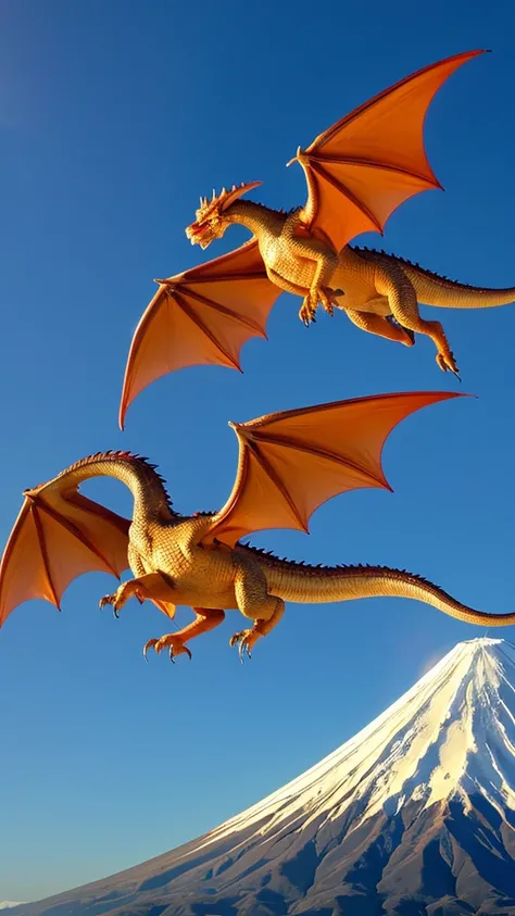 Wingless oriental dragon god flying near Mt.Fuji