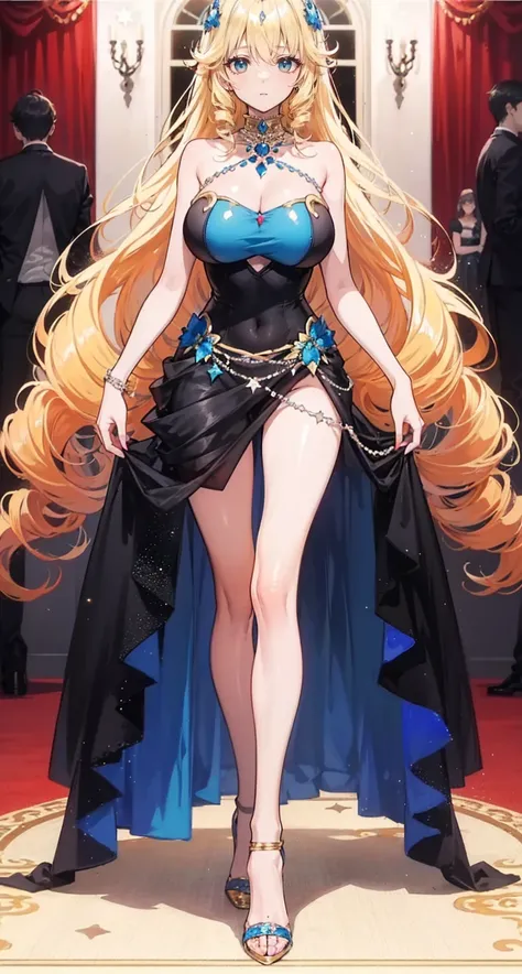 beautiful woman，(has long golden hair)，nobility，(princess)，blue student，Tall figure，((Strapless dress))，low skirt，(Star evening dress)，Show your legs，Crystal heels，red carpet，prom website，(nobility)，(big tits)