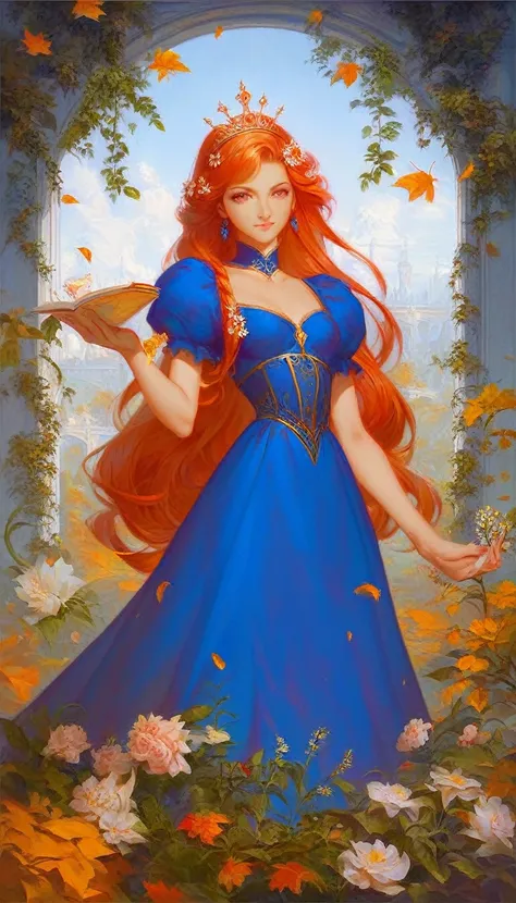 Aarav woman in blue dress I have flowers in my hair., Alphonse Muya and Rossdraws, Artwork in the style of gouache, palace ， girl in hanfu, Alice X. Faded, Fantasy behavior, Surreal Art Nouveau, Inspiration from Feng Huazhong, Autumn Empress, Inspiration f...