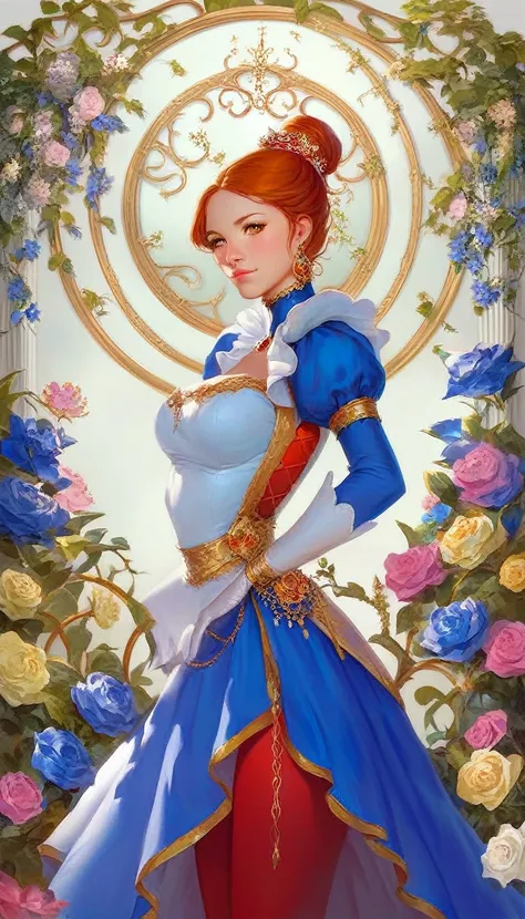 aarav woman in blue dress i have flowers in my hair., alphonse muya and rossdraws, artwork in the style of gouache, palace ， gir...