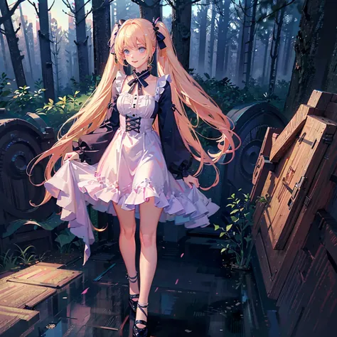 finely detailed beautiful girl, detailed 16k best quality, shiny hair, ultra-detailed beautiful shiny highlight clear eyes focus, Blushing、Blonde、Twin tails、Blue Eyes、laughing、Walking in the forest、Pink ribbon、