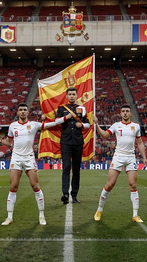 Army of the Spanish Thirds with the flag of the Spanish Thirds, against the england football team 