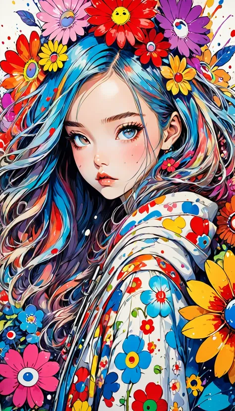 takashi murakami style、8k quality、intense watercolor, detailed watercolor art, watercolor splash, surreal, avant-garde pop art, ...