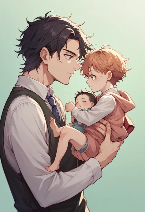 Ken Takakura (okarun) del anime Dandadan, carrying a baby with reddish hair, realist