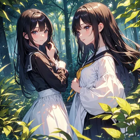 finely detailed beautiful girl, detailed 16k best quality, shiny hair, ultra-detailed beautiful shiny highlight clear eyes focus, beautiful shiny forest  background,  Long Black Hair、Sailor suit、laughing、Brown eyes、