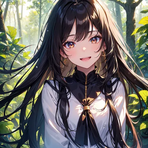 finely detailed beautiful girl, detailed 16k best quality, shiny hair, ultra-detailed beautiful shiny highlight clear eyes focus, beautiful shiny forest  background,  Long Black Hair、Sailor suit、laughing、Brown eyes、