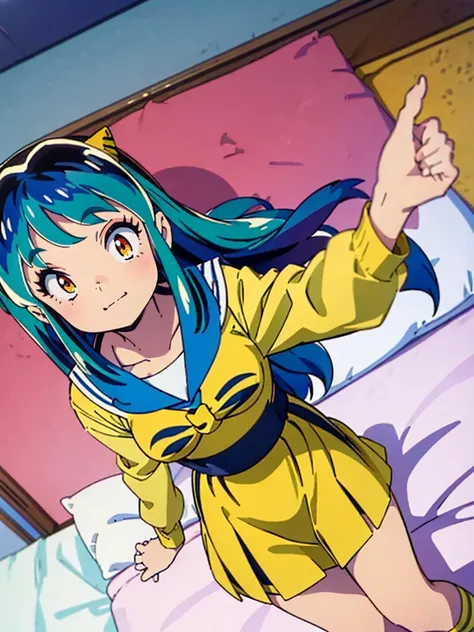 (masterpiece、Highest quality)、1 Girl、Lum, Sailor suit, Navy Blue Skirt, blush、Smile, Lying in bed、From above、With open arms, Mature, High definition