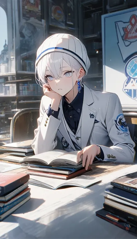 1boy,albino,snow white hair,white eyes,,white blazer with logo ,perfect lean body, books,calm,white beanie,blue earrings,8k,high definition ,