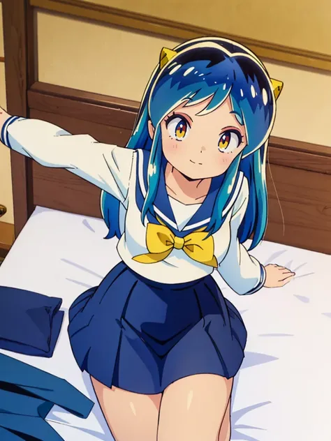 (masterpiece、Highest quality)、1 Girl、Lum, Sailor suit, Navy Blue Skirt, blush、Smile, Lying in bed、From above、With open arms, Mature, High definition