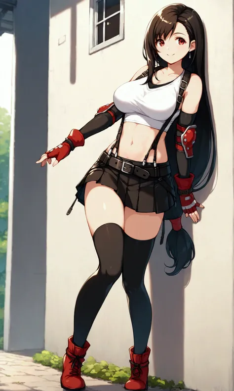 score_9, score_8_up, score_7_up,,BREAK , ,dynamicangle,,,,standing, ,,,Solo ,1girl, tifa lockhart, final fantasy, tareme,black hair, low-tied long hair, red eyes, bangs, (white tank top, belt, pleated skirt, thighhighs, elbow fingerless gloves, elbow pads,...