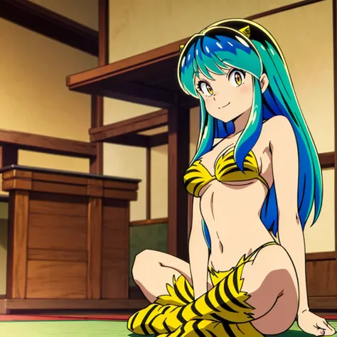 masterpiece, Highest quality, 1 Girl, Lum,Micro Bikini, ,Mature,  Indian style, sitting, anime, sexy, High definition, Japan, smile, Green Hair, living room、 whole body, Japan