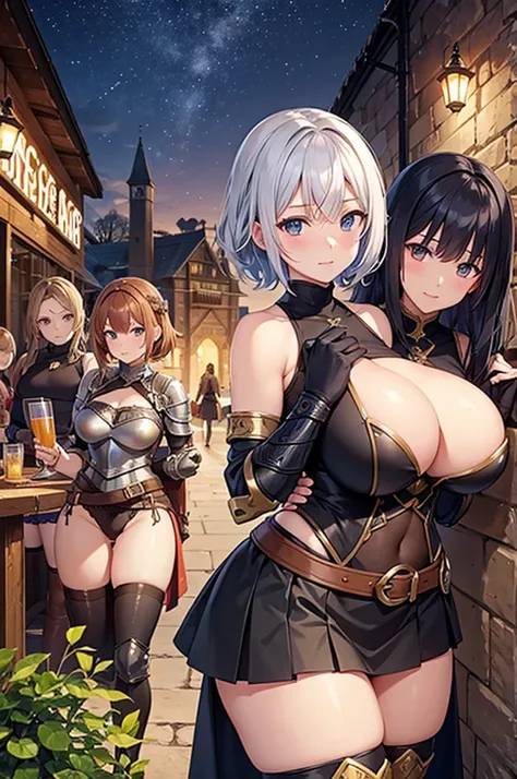 A group of female adventurers set in a medieval fantasy world, (At the pub), Mr..々Hairstyle, Harem, night, detailed aspects, Short skirt, Seduce, Sleeveless, armor 、Showing panties、Huge breasts、Big Ass、Wide waist