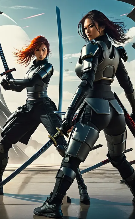 Futuristic Setting, Combat, two women, Strong, katanas