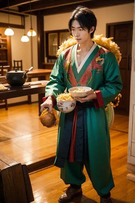 Longzai，Cute dragon man，Holding a bowl of fried rice，Standing on Earth