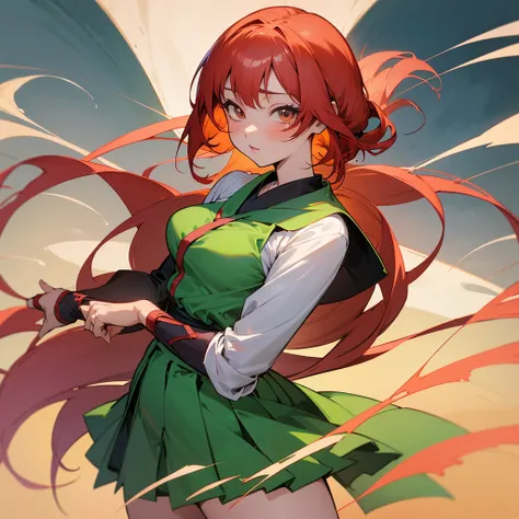 anime girl with red hair and green skirt posing for the camera, an anime drawing by Kentaro Miura, pixiv, shin hanga, seductive anime girl, anime moe artstyle, anime best girl, anime visual of a cute girl, ecchi anime style, anime monster girl, anime girl,...