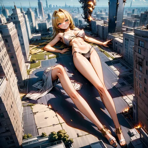 Giantess, long sexy legs, yellow hair, bikini,lying on top of destroyed buildings, city at her feet burns in flames for the destruction she has caused, tiny people climb on her body to try to defeat her uselessly. Giantess, goddess, macrophilia, curvaceous...