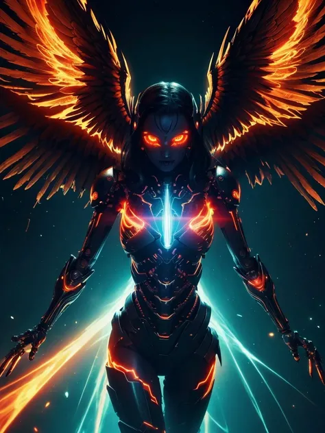 Fallen Angel of Space, Glowing Eyes, Biomechanical, spooky, Spooky, Nightmare, Very bright color, Light Particles, The light shines, Musif, Wallpaper Art, UHD wallpaper