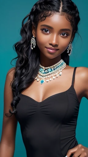 ((masterpiece))) whole body, (Somali Girl) ((black wavy hair, chignon hair, jet-black skin))), cyan eyes, Beautiful Eyes, 18-year-old girl.AKB. archaic smiling