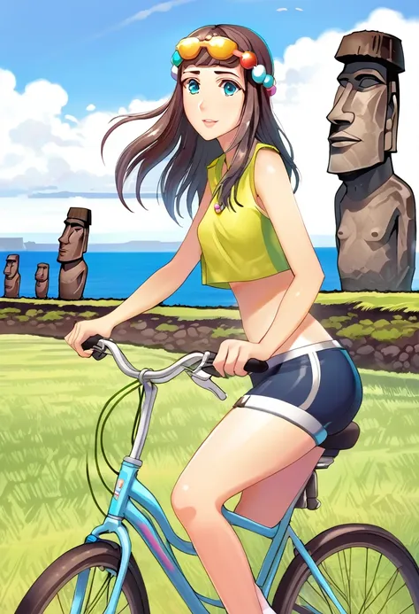 a girl rides a bicycle, in running shorts, short shorts, moai in the background on Easter Island
