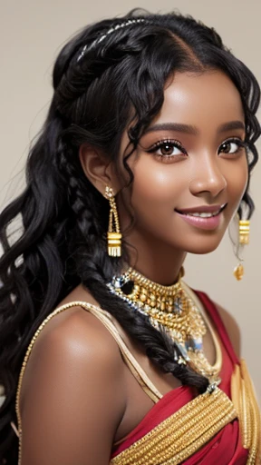 ((masterpiece))) whole body, (Somali Girl) ((black wavy hair, chignon hair, jet-black skin))), amber eyes, Beautiful Eyes, 18-year-old girl.AKB. archaic smiling