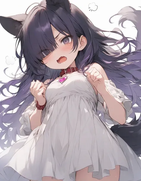 cute dress,(from below:1.25),angry,open mouth,standing,、、、purple ribbon,,,heart_brooch,{masterpiece), best quality, illustration, (1girl), , expressionless,,, (small breasts:1.5).rib, flat chest, ,,(purple hair:1.25),,bags_under_eyes,, (hair over one eye:1...