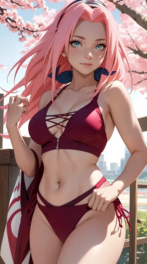 tmasterpiece， Best quality at best， 1girll， Sakura Haruno， Large breasts，(upperbody closeup)，Raised sexy，is shy，ssmile，with pink hair， long whitr hair， （Green eyeballs:1.4)， Forehead protection， the cherry trees，Cherry blossoms flying，((wearing a slutty an...