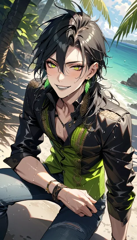 masterpiece, highres, absurdres, illustration,   ((masterpiece:1.4, best quality)), (Ultra detailed background), 1boy, handsome man, highly detailed beautiful face and eyes, beautiful eyes, (sharp detail:1.3), shiny, earrings, bracelet, (wet clothes:1.3), ...