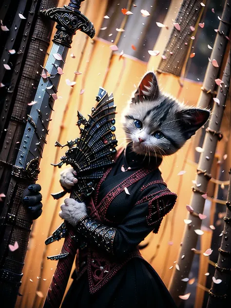 Highest quality, masterpiece, Ultra-high resolution, RAW Photos, beautifully、beautiful,Deep Shadow, Dark Theme,(Realistic:1.4), ((Soft lighting, Dim Light, Dark Scene, night):1.4)
White kitten, Hanfu, Holding a sword, Cyberpunk City, Neon Light, 
Graceful ...