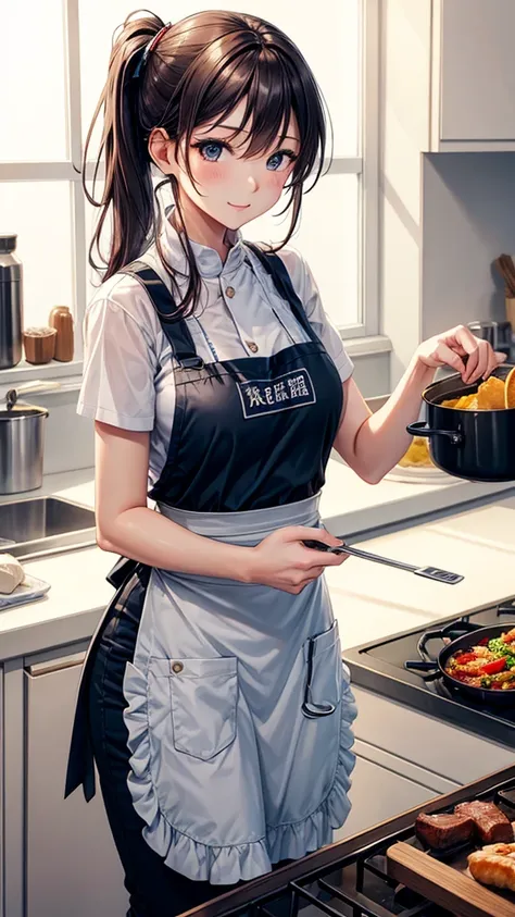 A sexy woman is wearing an apron and cooking with a frying pan。