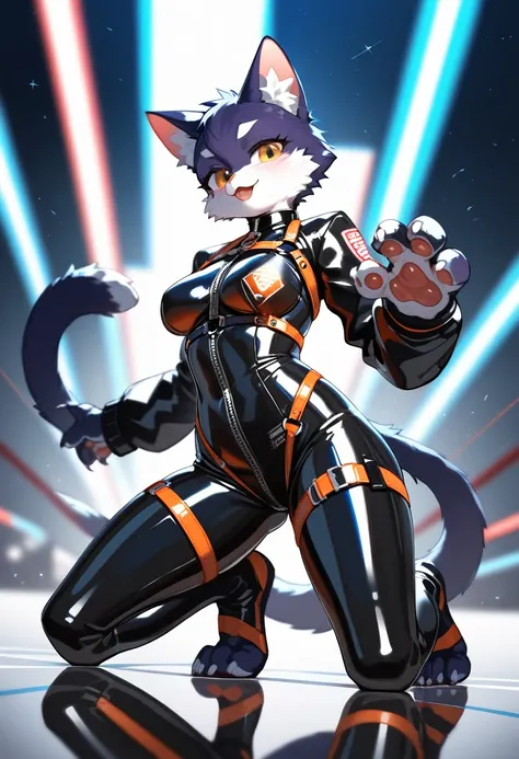 animation, Highest quality, Highest quality, High quality illustrations, masterpiece, Ultra-high resolution, Detailed Background, cyber-, Absurd, Perfect Anatomy, performance, Good lighting, Shadows in the movies(kemono, Furry PersonifiCation), Cat, Rubber...