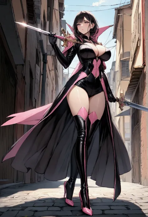 perfect and beautiful face, beautiful girl in  black and pink pointed toe stiletto knee high boots, standing on street with sword in her hands ,, leatgher gloves on, big breasts and buts