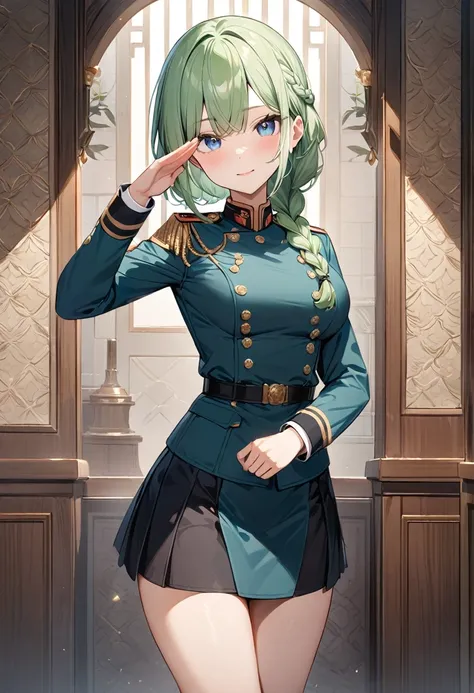 (masterpiece, top quality, very aesthetic, 4k、illustration), intricate detail, 1girl,Standing in front of a wall、(cowboy shot)、clear face、salute、(braid hair)、
Cute 、light green hair、,middle hair,sidelock ,,blue eye、Military uniform、Tight skirt、,medium brea...