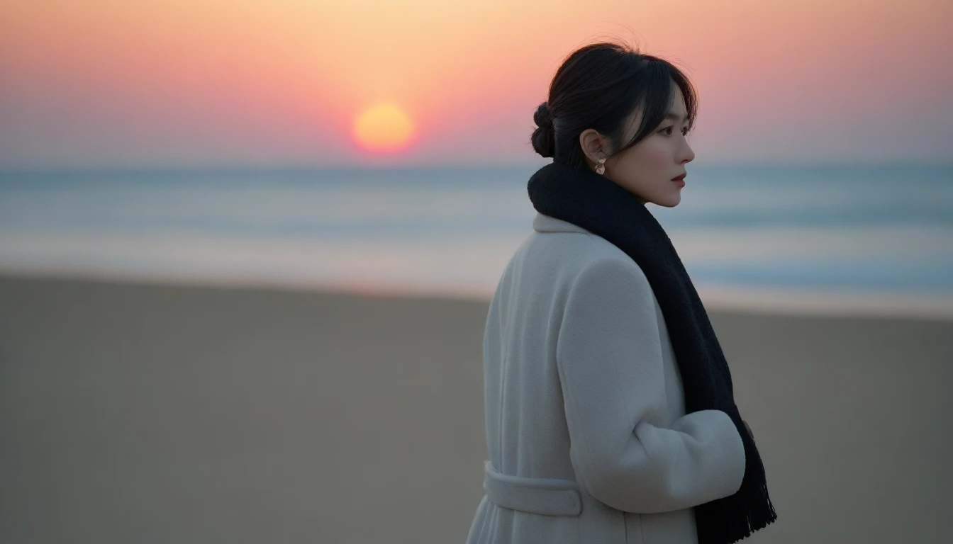 8K, 超high resolution, best quality, masterpiece, 1 woman, (36 years old:1.3), Korean woman,(wearing a long winter coat and scarf、Thin black double sided updo :1.5)、(The woman turned around with a very sad expression., 겨울 해변에서 바람에 휘날리는 short medium hair 그녀의...