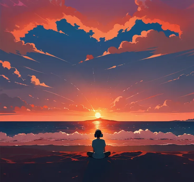 Boy wearing headphones and listening to music、Very detailed、Meditating、A quiet beach in Hawaii、evening、Sunset、One person、Wide Shot