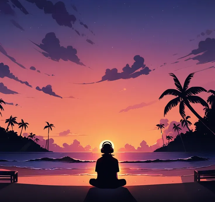 Boy wearing headphones and listening to music、Very detailed、Meditating、A quiet beach in Hawaii、evening、Sunset、One person、Wide Shot