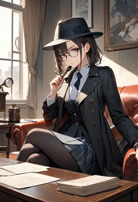 masterpiece, best quality, 8k,1 girl ( black trench coat, suit, skirt, fedora, glasses, cross-legged, sitting on sofa, necktie, right hand hold a magnifying glass, serious), ( table, papers on table ), window, ofice background, hand