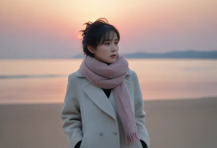 8K, 超high resolution, best quality, masterpiece, 1 woman, (36 years old:1.3), Korean woman,(wearing a long winter coat and scarf、Thin black double sided updo :1.5)、(The woman turned around with a very sad expression., 겨울 해변에서 바람에 휘날리는 short medium hair 그녀의...