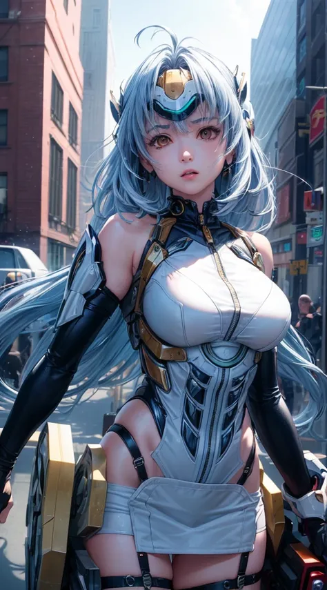 top-quality、​masterpiece、超A high resolution、(Photorealsitic:1.4)、女の子1人、Light blue hair、Straight hair, shiny and clean hair、White shiny skin、Sexy Cyberpunk Girl、((super realistic details))、Shadow、octan render、ultrasharp、hyperdetailed face、Fiberglass、Luminou...