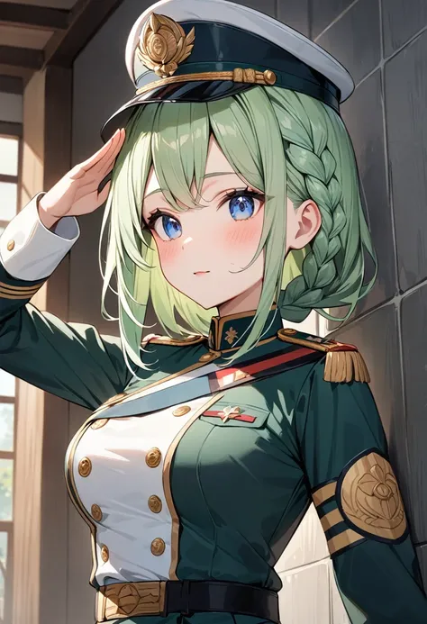 (masterpiece, top quality, very aesthetic, 4k、illustration), intricate detail, 1girl,Standing in front of a wall、(upper body)、clear face、salute、(braid hair)、
Cute 、light green hair、,middle hair,sidelock ,,blue eye、Military uniform、Tight skirt、,medium breas...