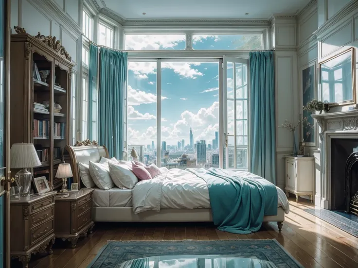 8K HD，3:4 scale size pictures，Portrait orientation photos，Vertical photo，Blue sky and white clouds，Glass House，Glass House，There is a big green bed in the room，There is a table here，TV，There is a bookcase，Pink Curtains，Large glass windows all around，Overlo...