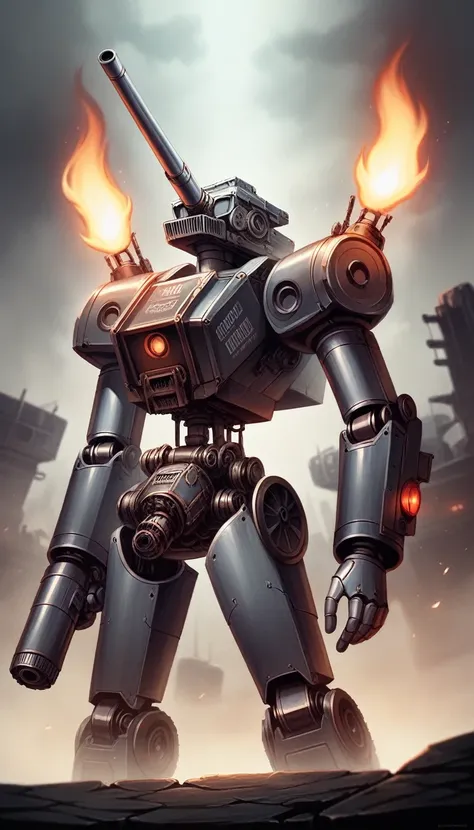 A highly detailed, futuristic robot holding a large, vintage flamethrower, emitting flames amidst a dark, foggy battlefield, 1 robot, highly detailed robot, hyperrealistic robot, vintage flamethrower, realistic flames, dark foggy battlefield, dramatic ligh...