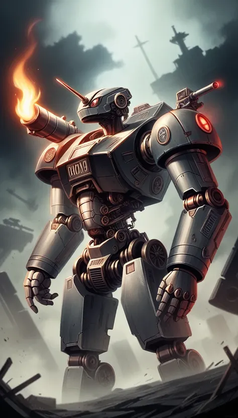 a highly detailed, futuristic robot holding a large, vintage flamethrower, emitting flames amidst a dark, foggy battlefield, 1 r...