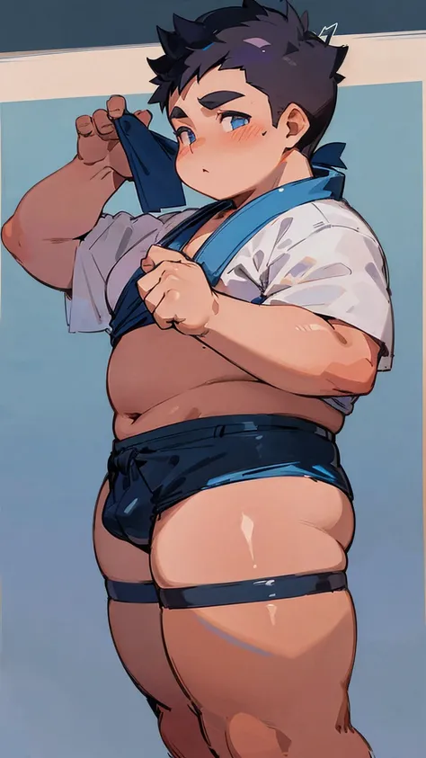 ((androgynous)), beautiful, (very short hair), (pudgy face), (thick),(cute), ((boyish)), (chubby), belly, muscular, (beefy), (jockstrap), (cool), (sexly), (Hakama), (blue eyes), (shaved sides), (Black Hair), (warrior)