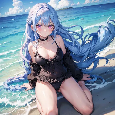 (Sky blue medium hair),(Braided hair tied together)、Pink eyes、Ahegao、Fair skin、(whole body)、(One Girl)、Black frilly swimsuit、Shining white sand beach in midsummer、Okinawa&#39;s ocean、A big smile、、(masterpiece、Highest quality、Very detailed、Best Shadow)、(Det...