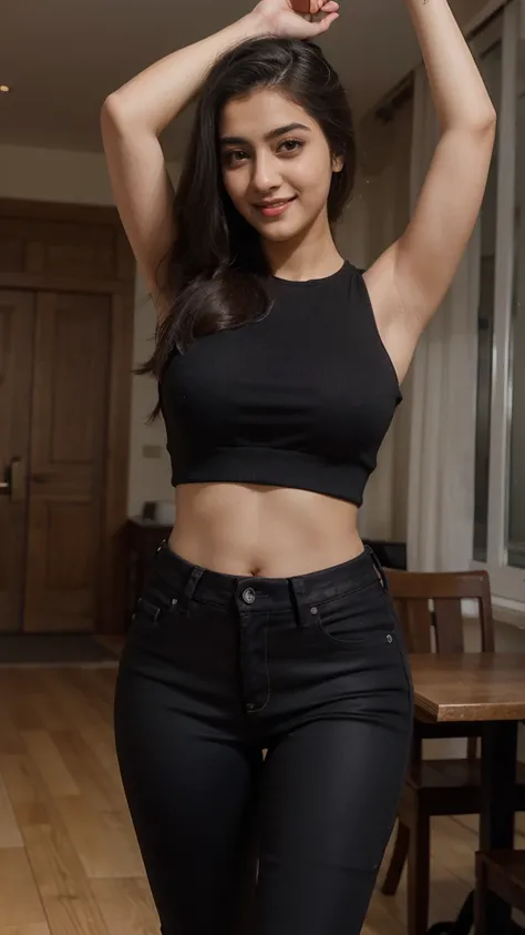 A beautiful young woman, Ananya Pandey wearing  Blue Cold Shoulder Top ((black jeggings)) body figure  smile  badroom Full body view perfect Raise your hands in the air anatomy,ultra detailed face and eyes, ultra sharp HDR, realistic realism, 8k